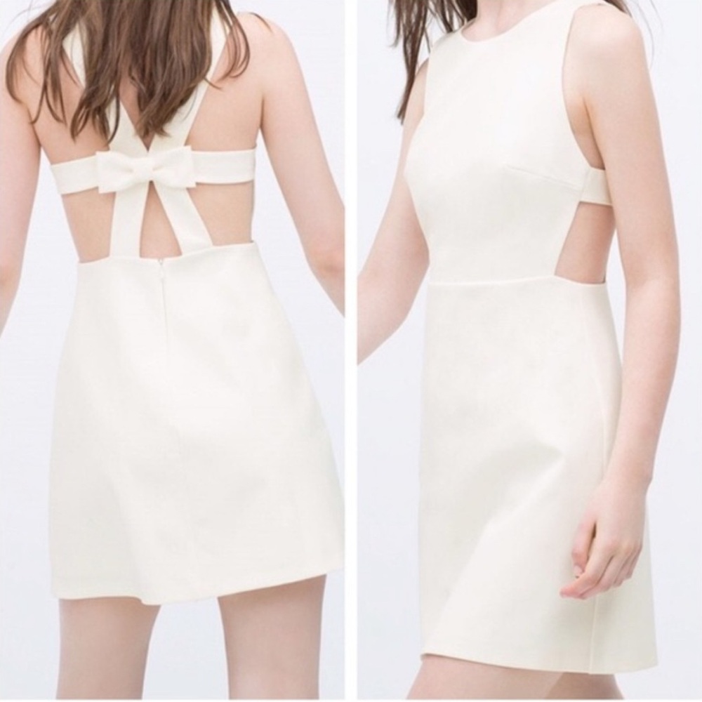 Zara White Bridal Open Back Mini Dress Bow Accent Bride Wedding Bachelorette XS